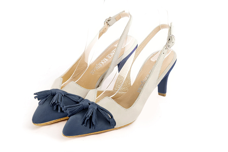 Denim blue and off white women's open back shoes, with a knot. Tapered toe. Medium slim heel. Front view - Florence KOOIJMAN